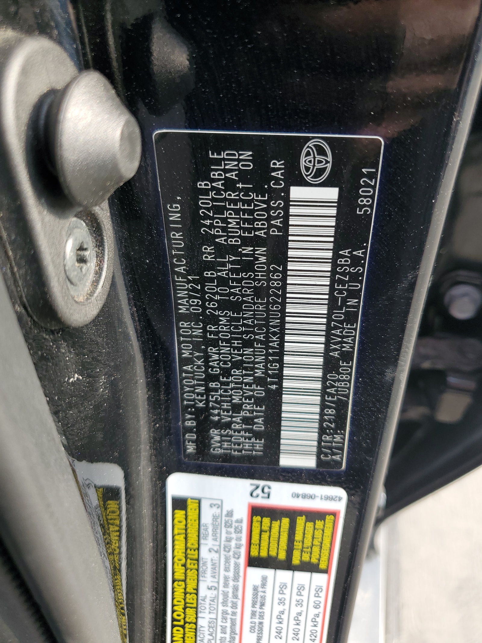 4T1G11AKXNU622862 2022 Toyota Camry Se