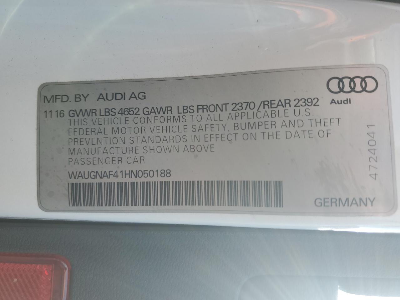 2017 Audi A4 Premium VIN: WAUGNAF41HN050188 Lot: 64021874