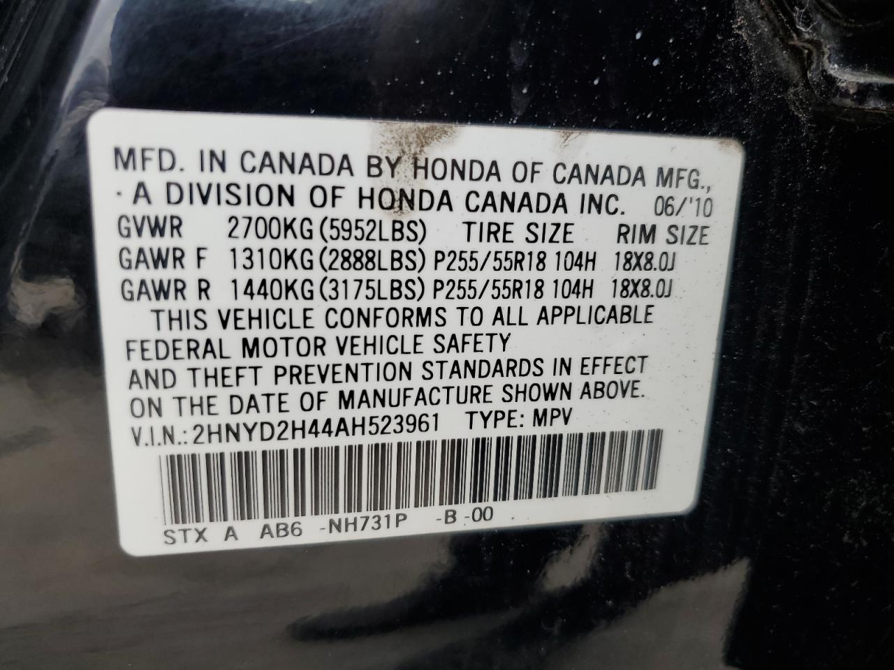 2010 Acura Mdx Technology VIN: 2HNYD2H44AH523961 Lot: 64448574