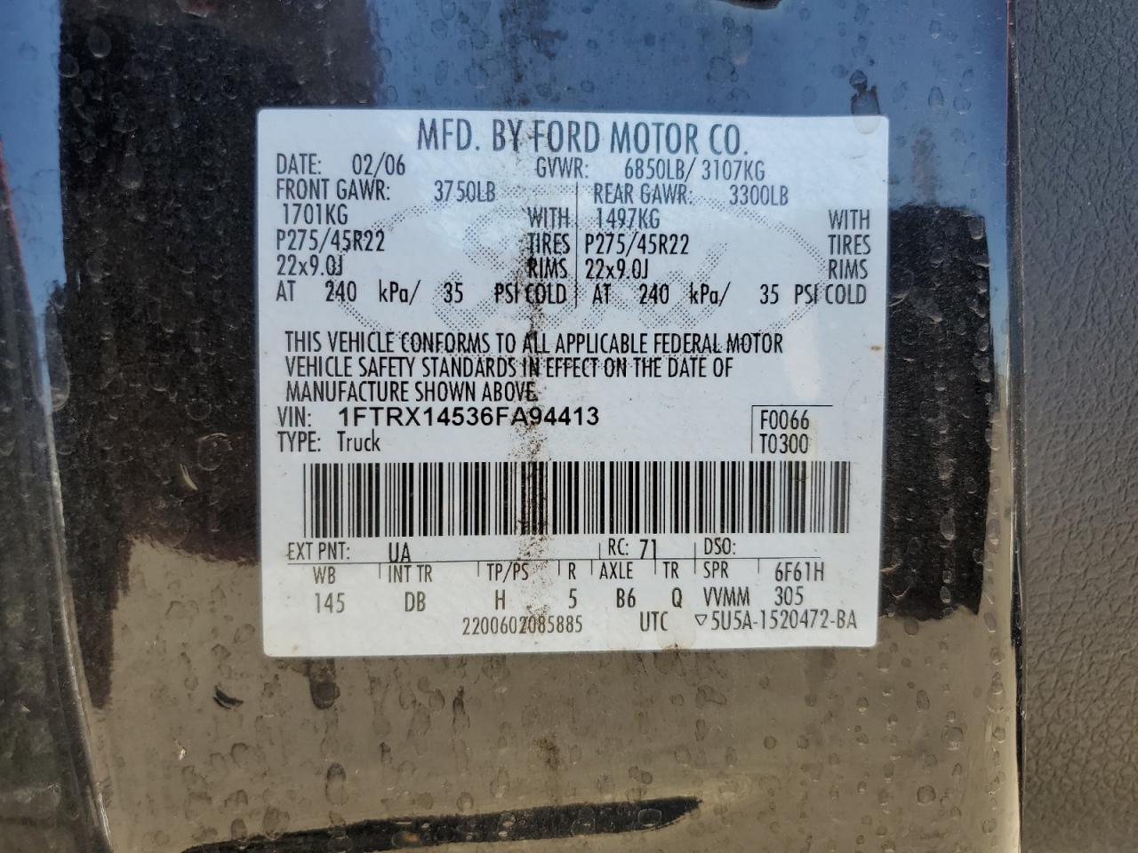 2006 Ford F150 VIN: 1FTRX14536FA94413 Lot: 64481844