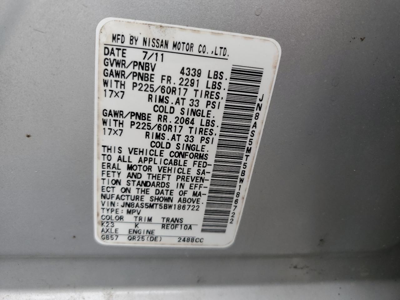 2011 Nissan Rogue S VIN: JN8AS5MT5BW186722 Lot: 63542084