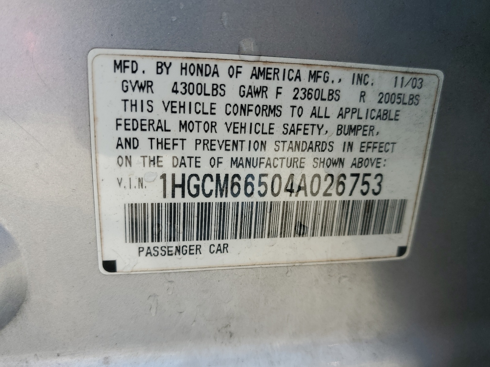 1HGCM66504A026753 2004 Honda Accord Ex