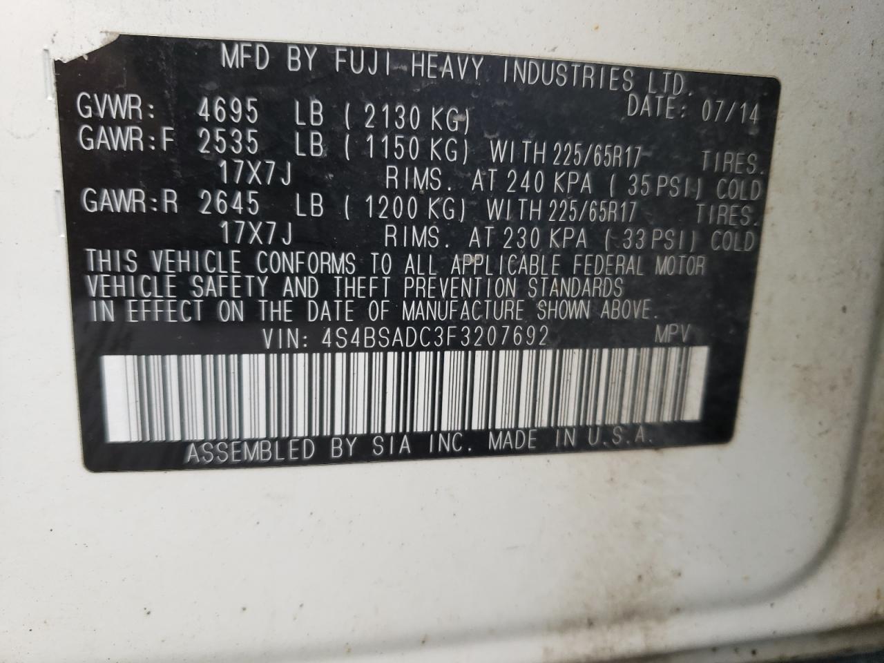 2015 Subaru Outback 2.5I Premium VIN: 4S4BSADC3F3207692 Lot: 63747374