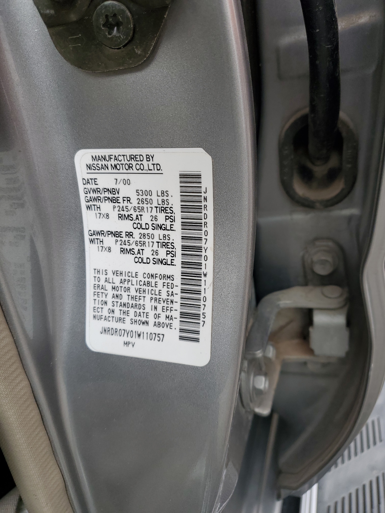 JNRDR07Y01W110757 2001 Infiniti Qx4