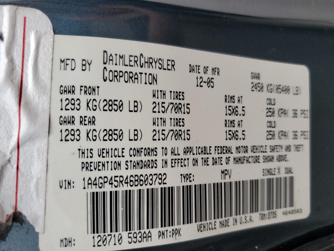 2006 Chrysler Town & Country VIN: 1A4GP45R46B603792 Lot: 64404624