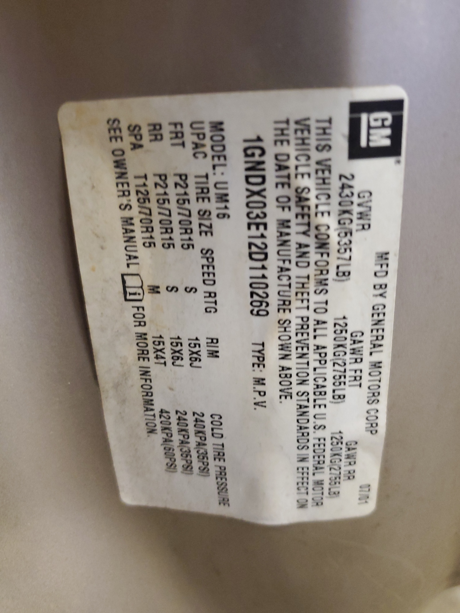 1GNDX03E12D110269 2002 Chevrolet Venture