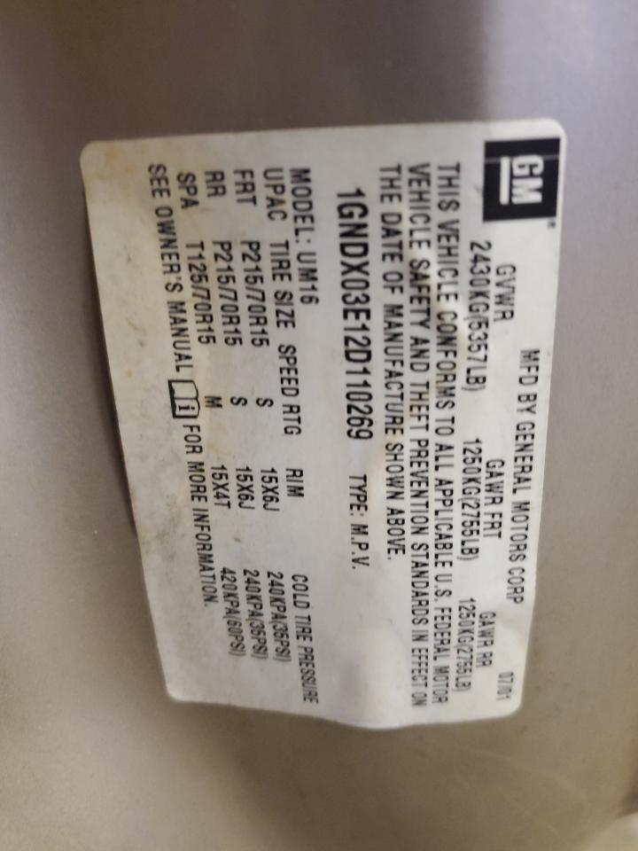 2002 Chevrolet Venture VIN: 1GNDX03E12D110269 Lot: 64066794