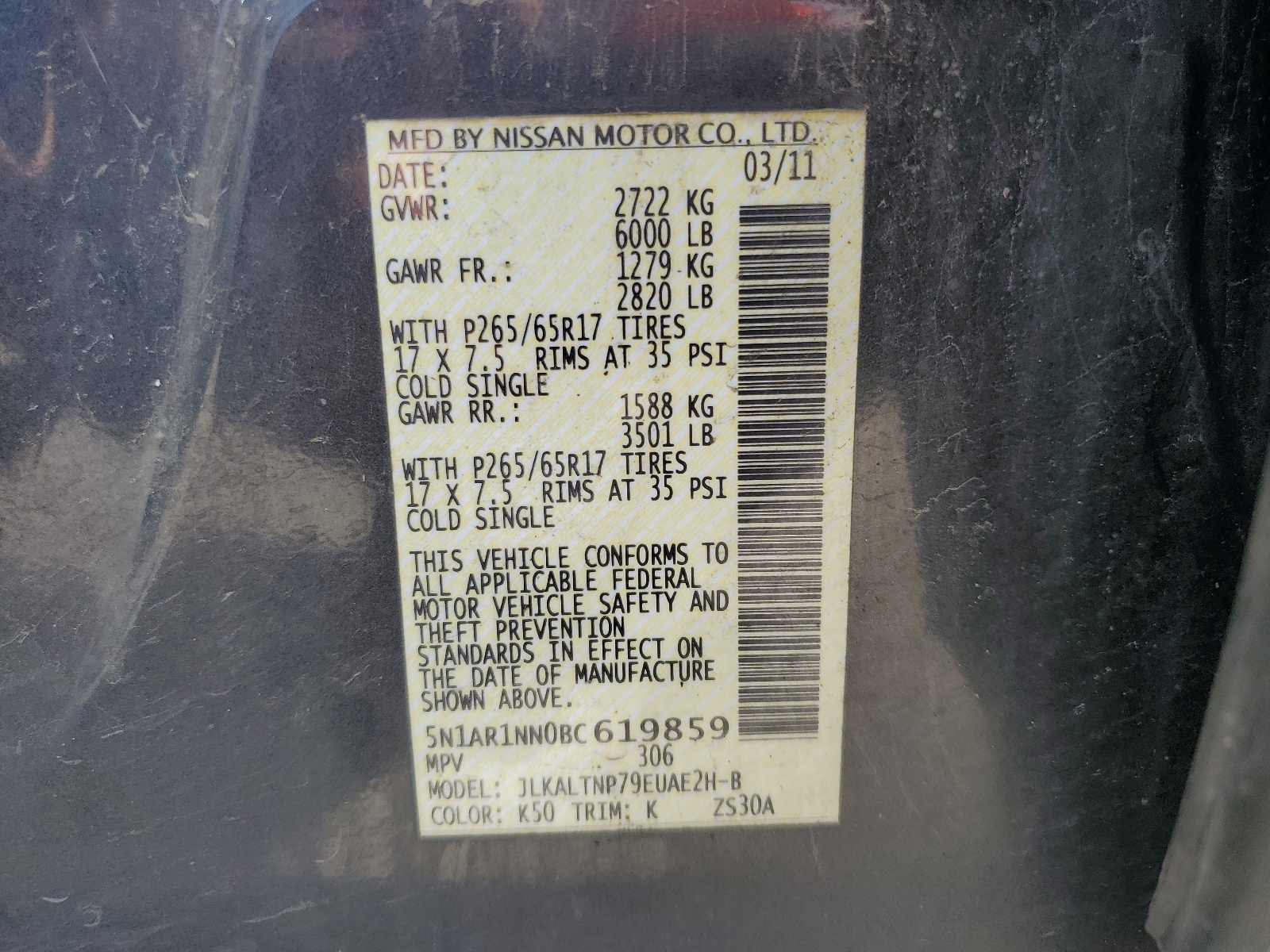 5N1AR1NN0BC619859 2011 Nissan Pathfinder S