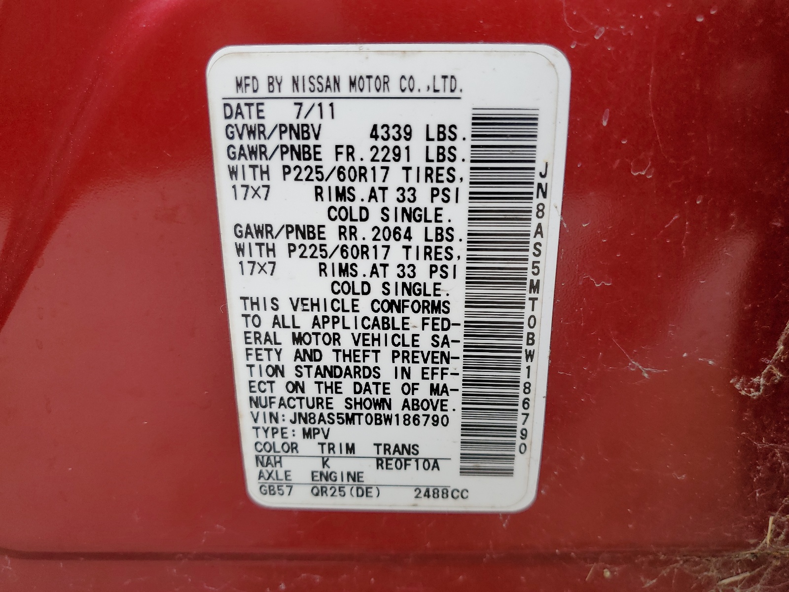 JN8AS5MT0BW186790 2011 Nissan Rogue S