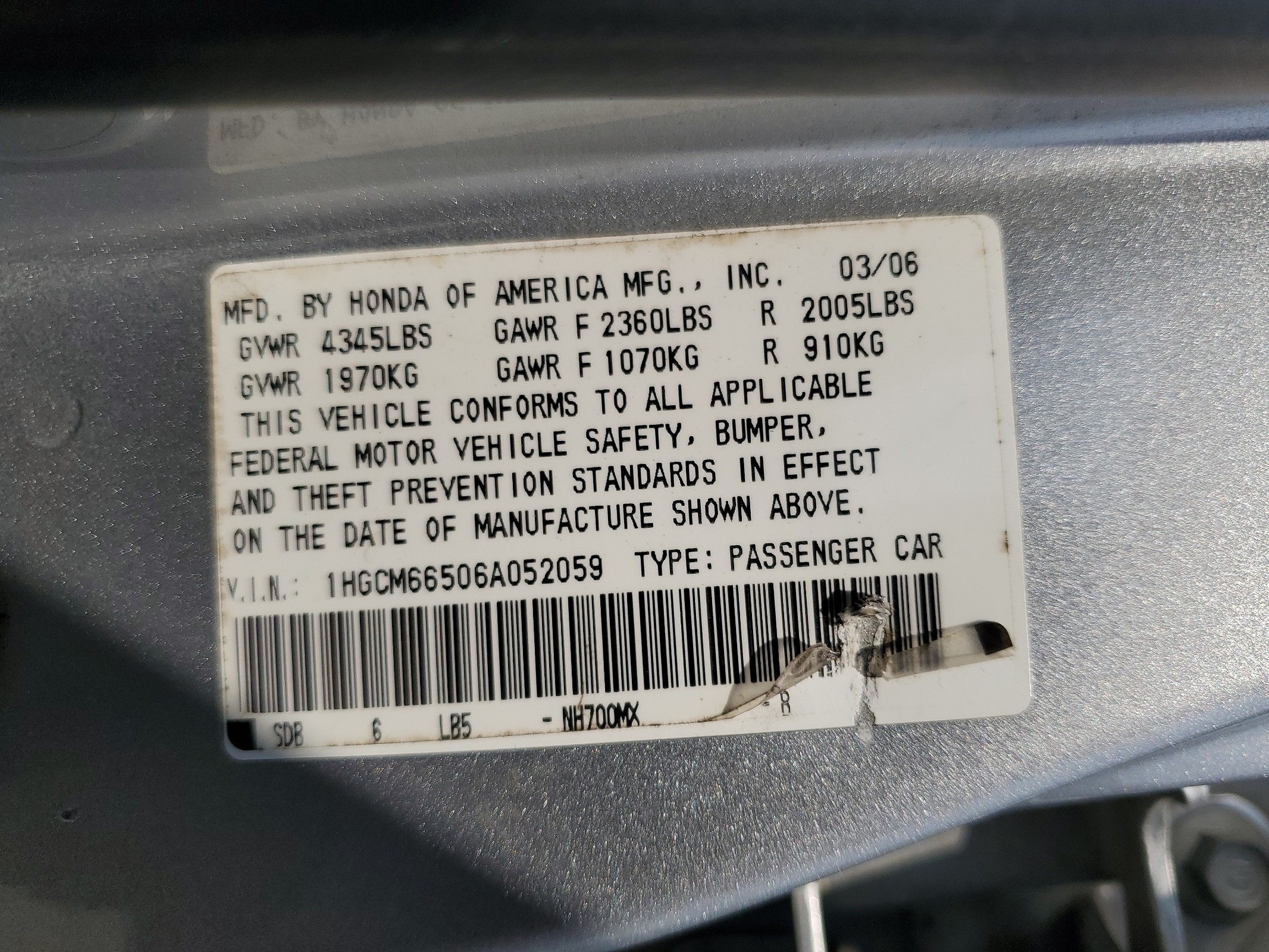 1HGCM66506A052059 2006 Honda Accord Ex