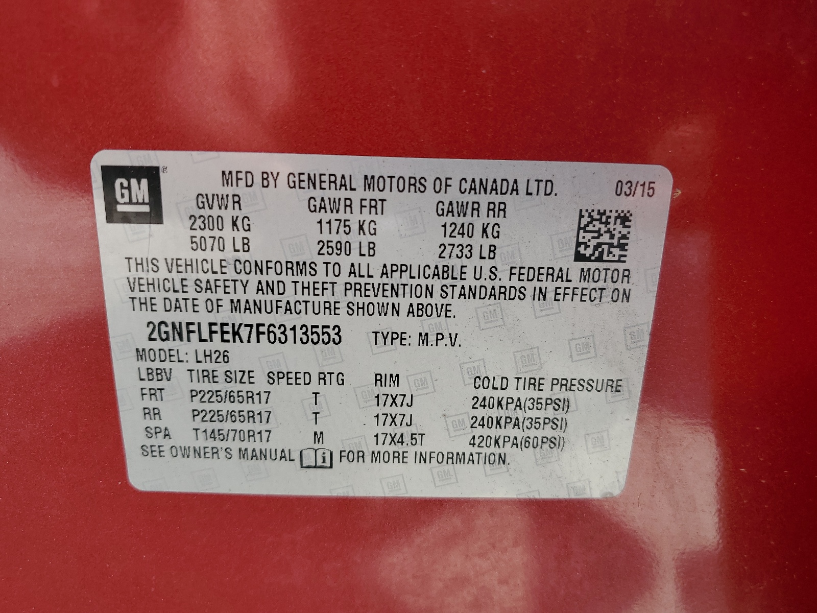 2GNFLFEK7F6313553 2015 Chevrolet Equinox Lt