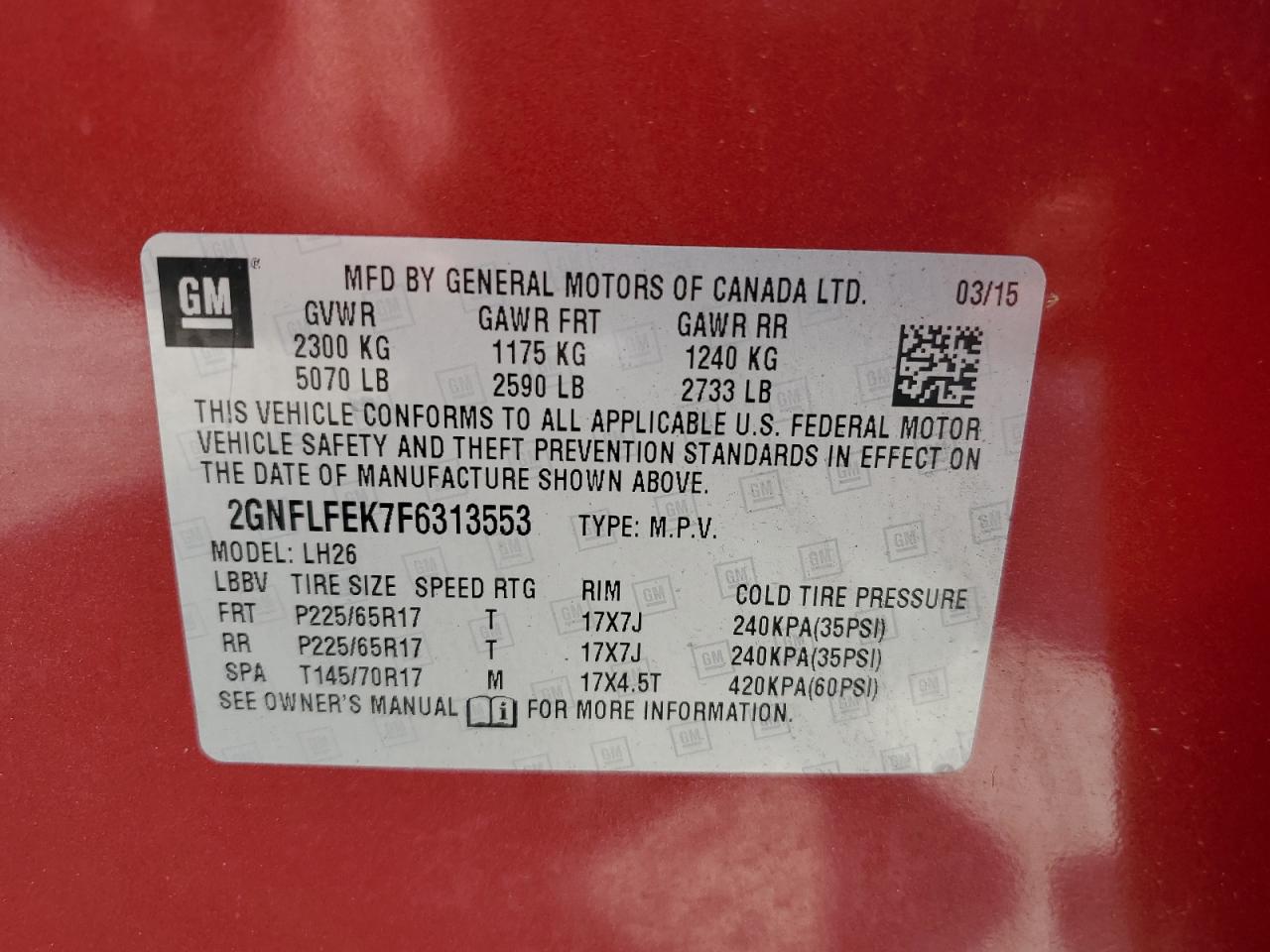 2015 Chevrolet Equinox Lt VIN: 2GNFLFEK7F6313553 Lot: 62303654