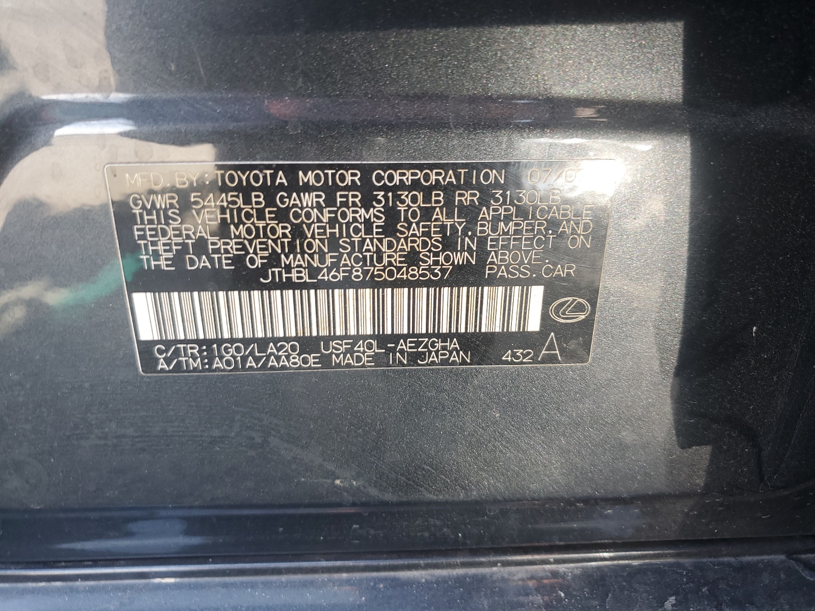 JTHBL46F875048537 2007 Lexus Ls 460