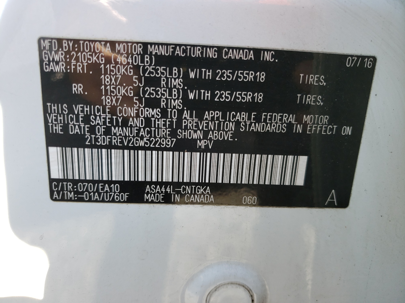 2T3DFREV2GW522997 2016 Toyota Rav4 Limited