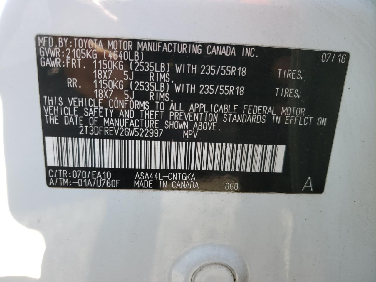 2016 Toyota Rav4 Limited VIN: 2T3DFREV2GW522997 Lot: 61414174