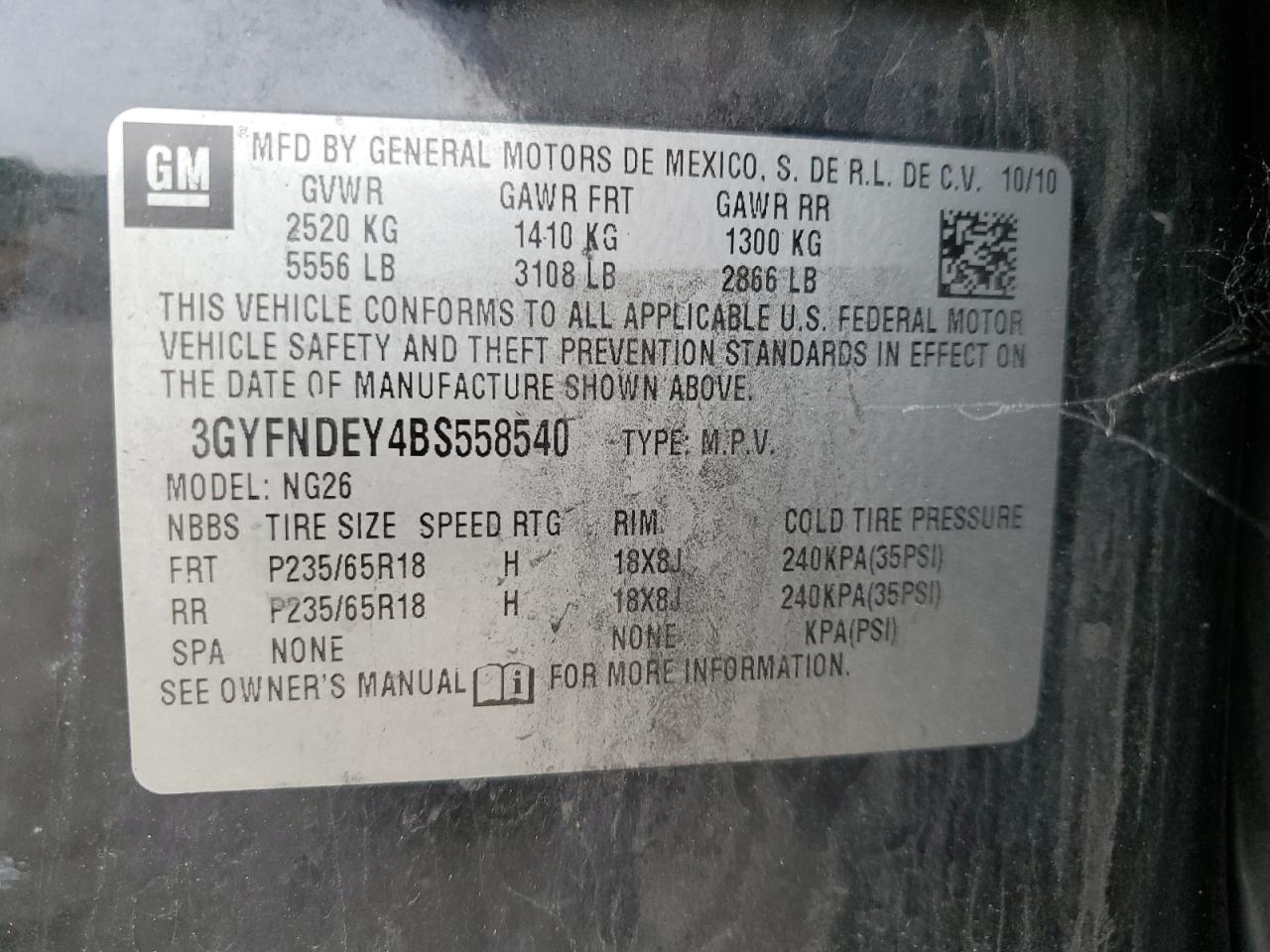 2011 Cadillac Srx Luxury Collection VIN: 3GYFNDEY4BS558540 Lot: 63956494