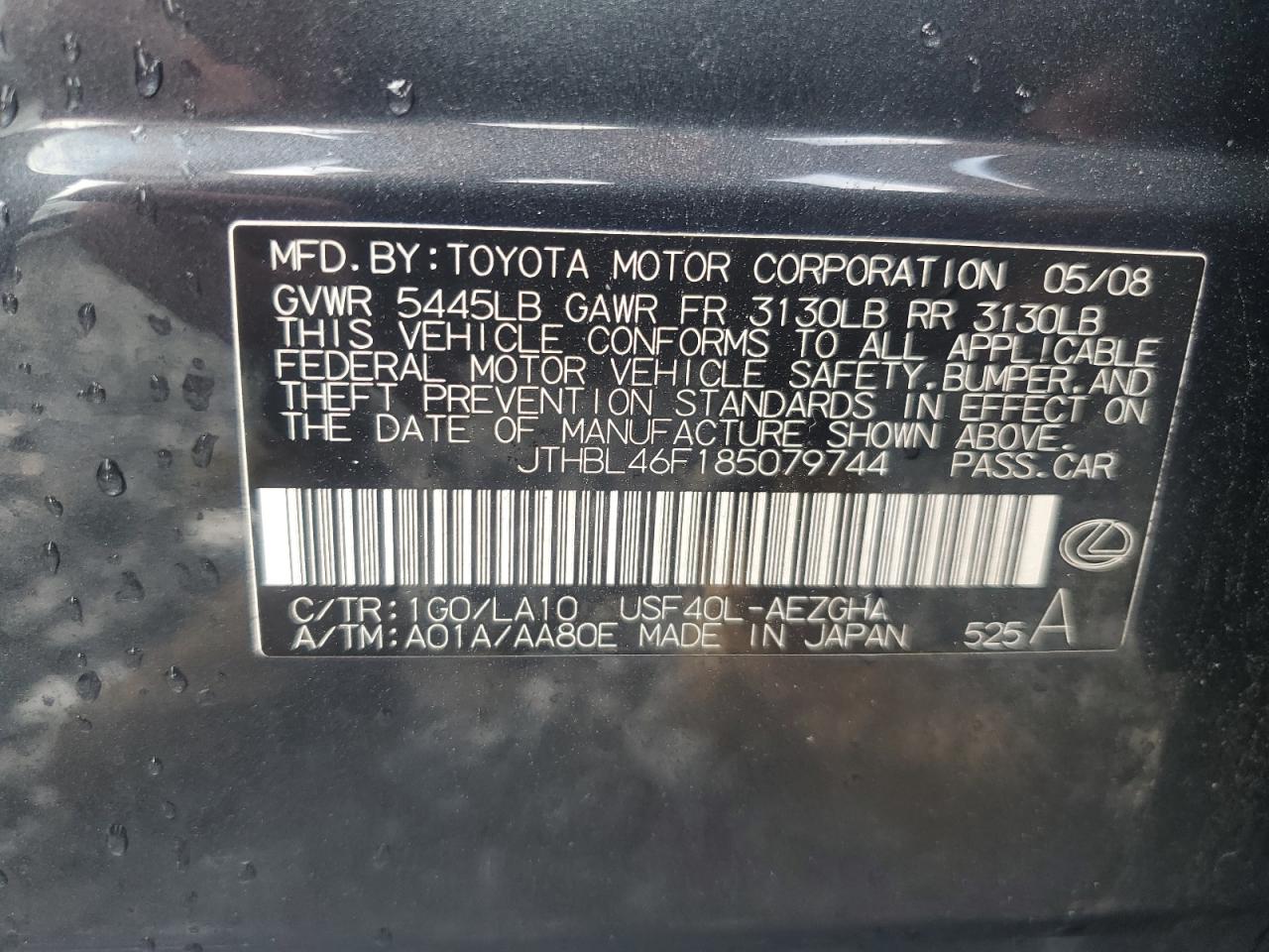 2008 Lexus Ls 460 VIN: JTHBL46F185079744 Lot: 63779024