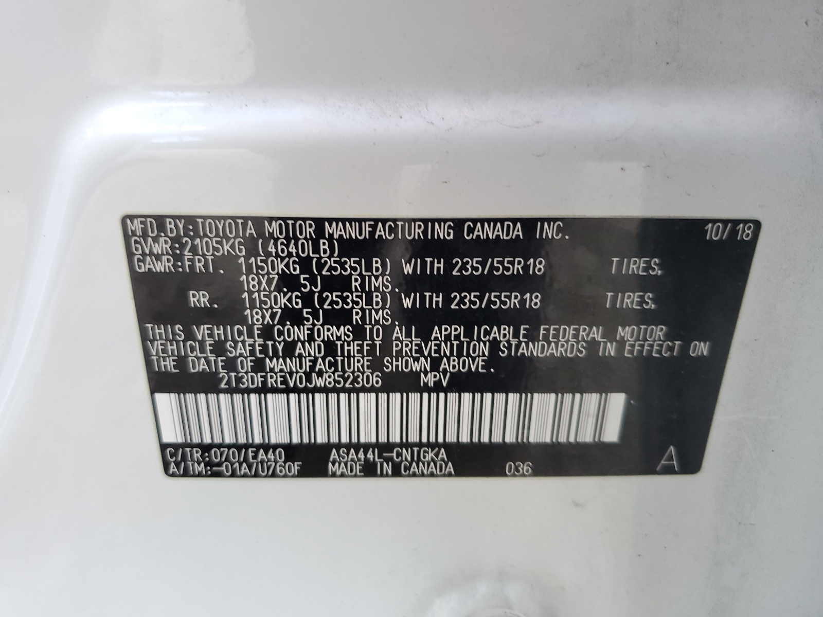 2T3DFREV0JW852306 2018 Toyota Rav4 Limited