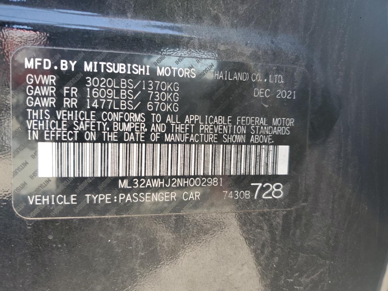 2022 Mitsubishi Mirage Se VIN: ML32AWHJ2NH002981 Lot: 65361914