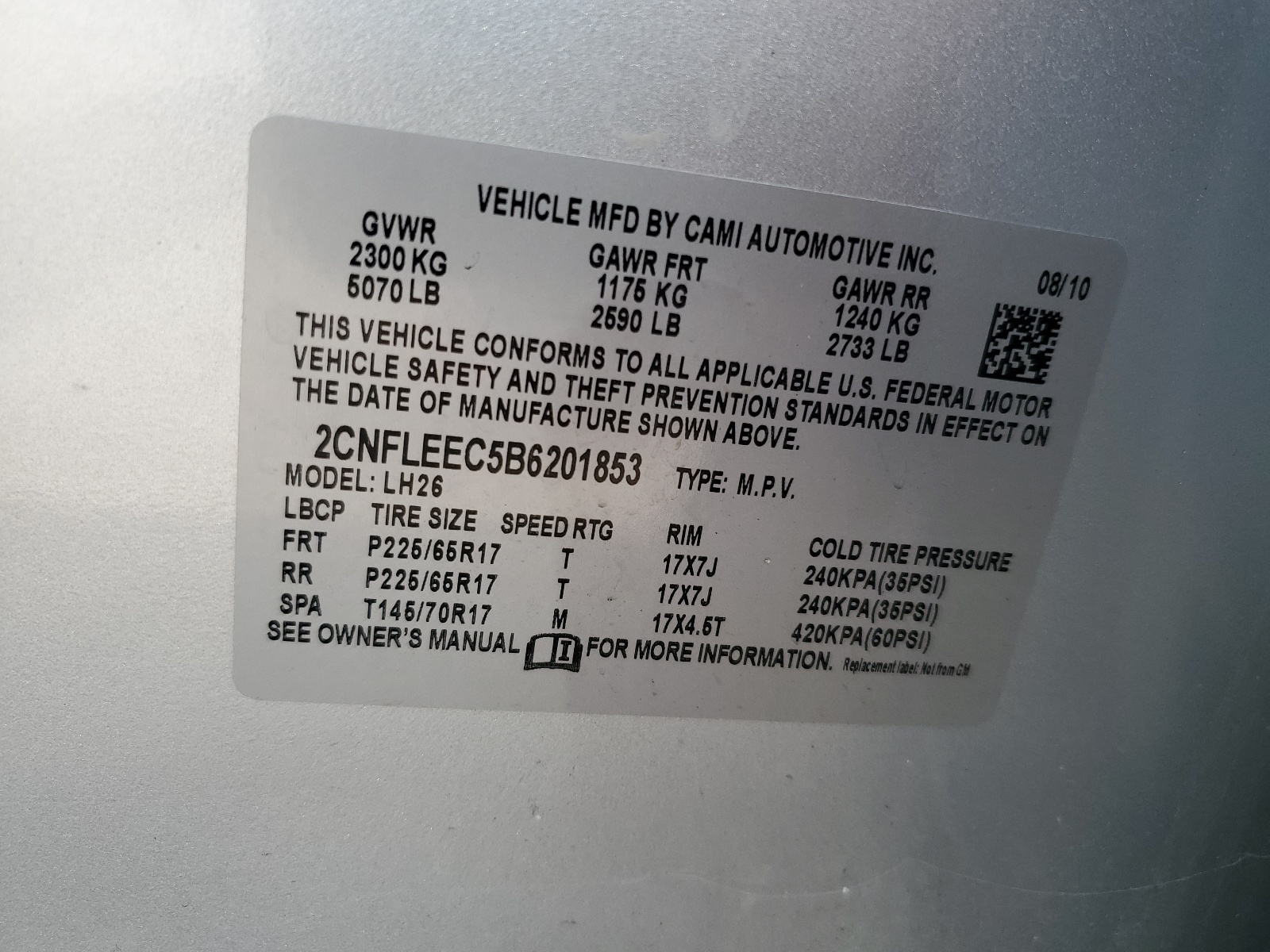 2CNFLEEC5B6201853 2011 Chevrolet Equinox Lt