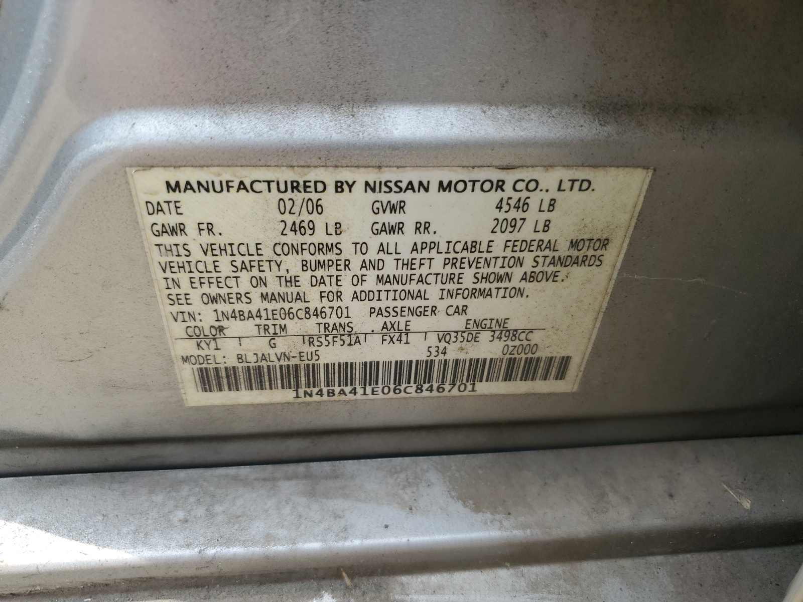 1N4BA41E06C846701 2006 Nissan Maxima Se