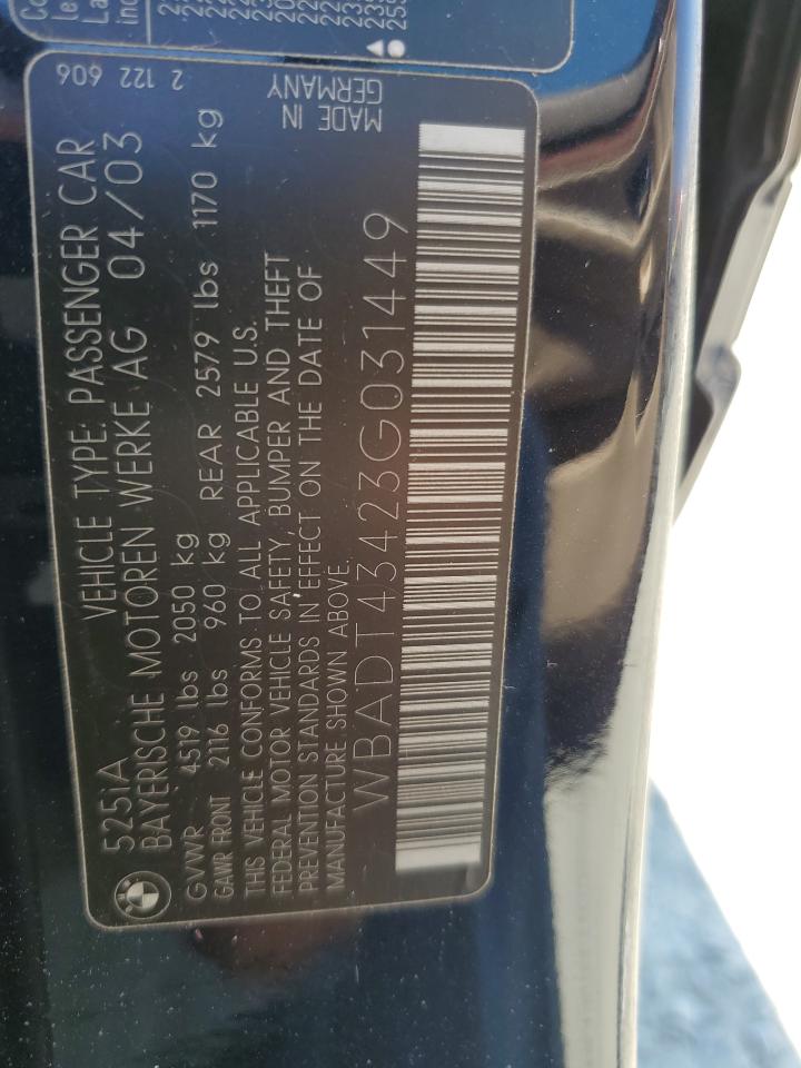 2003 BMW 525 I Automatic VIN: WBADT43423G031449 Lot: 63604584