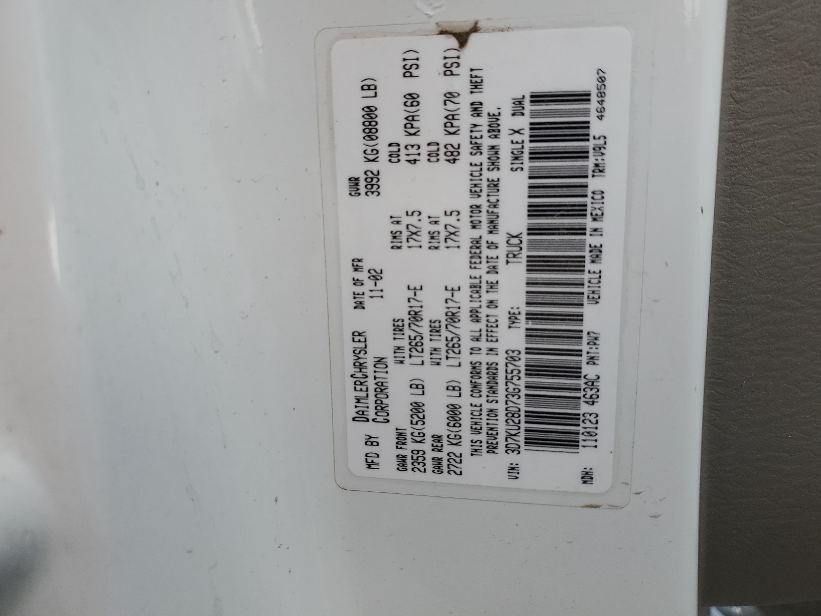 3D7KU28D73G755703 2003 Dodge Ram 2500 St