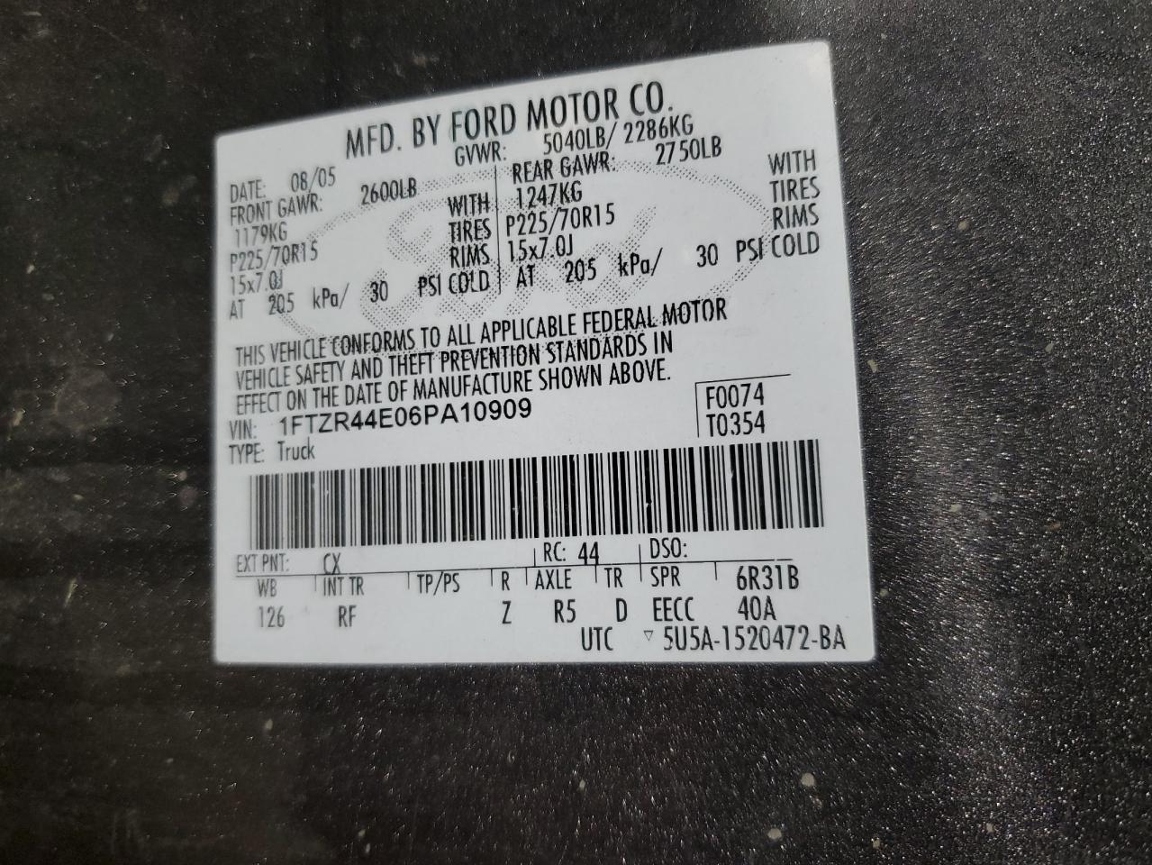 2006 Ford Ranger Super Cab VIN: 1FTZR44E06PA10909 Lot: 64237054