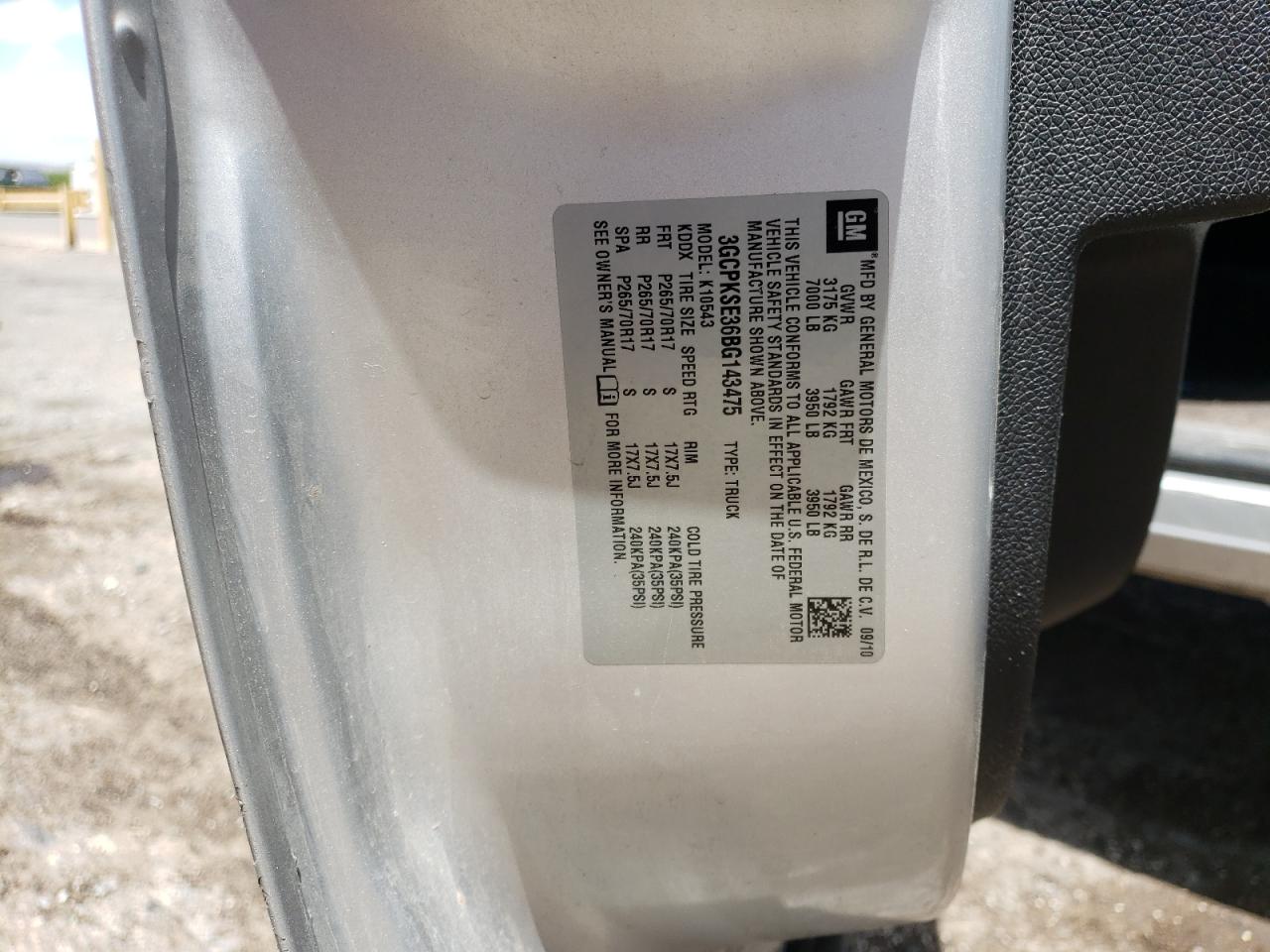 2011 Chevrolet Silverado K1500 Lt VIN: 3GCPKSE36BG143475 Lot: 61106714