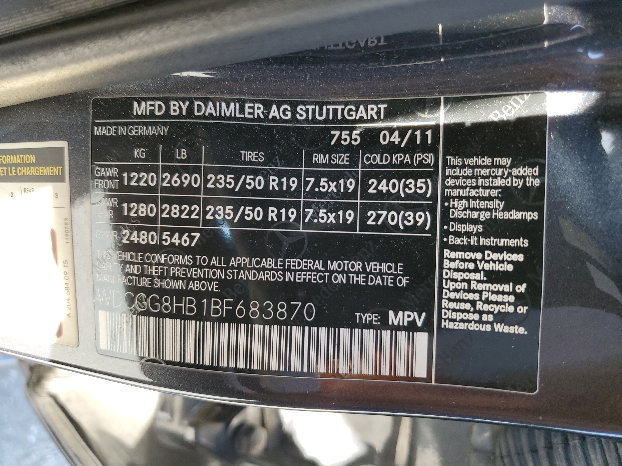 WDCGG8HB1BF683870 2011 Mercedes-Benz Glk 350 4Matic