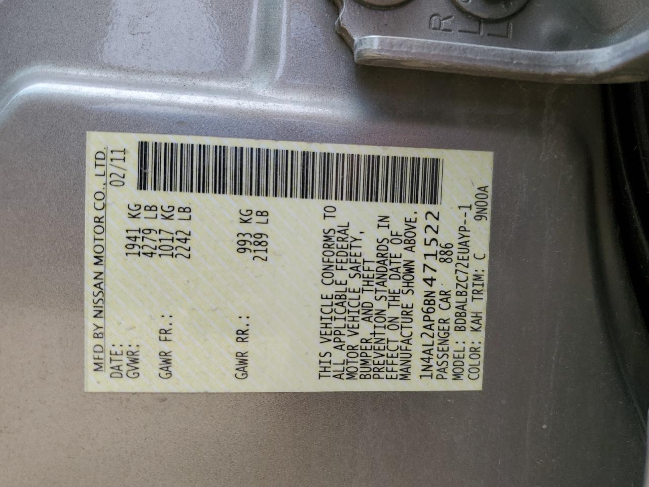 2011 Nissan Altima Base VIN: 1N4AL2AP6BN471522 Lot: 64861204