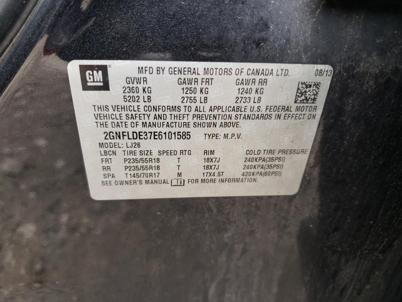 2014 Chevrolet Equinox Ltz VIN: 2GNFLDE37E6101585 Lot: 64444984