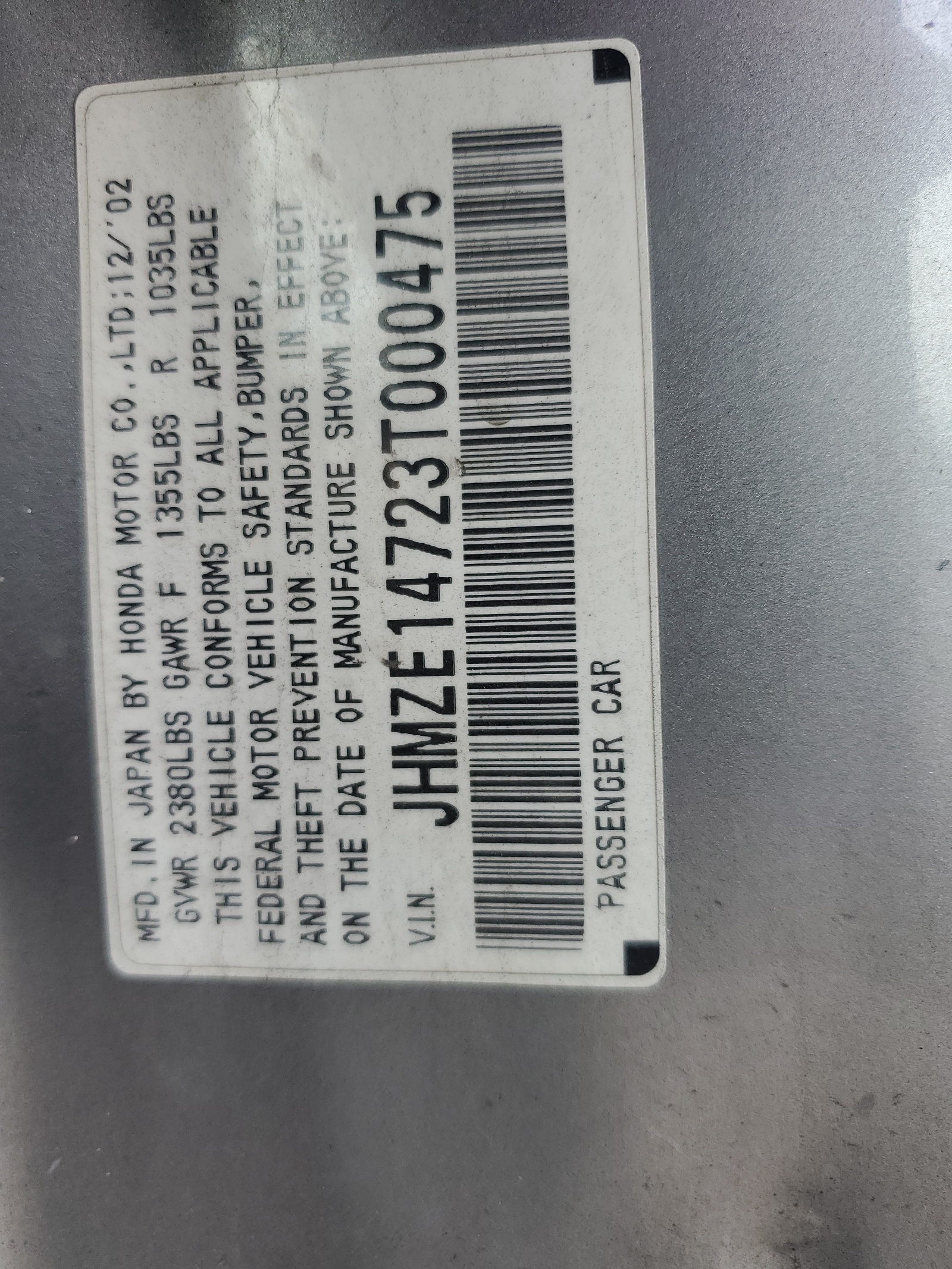 JHMZE14723T000475 2003 Honda Insight