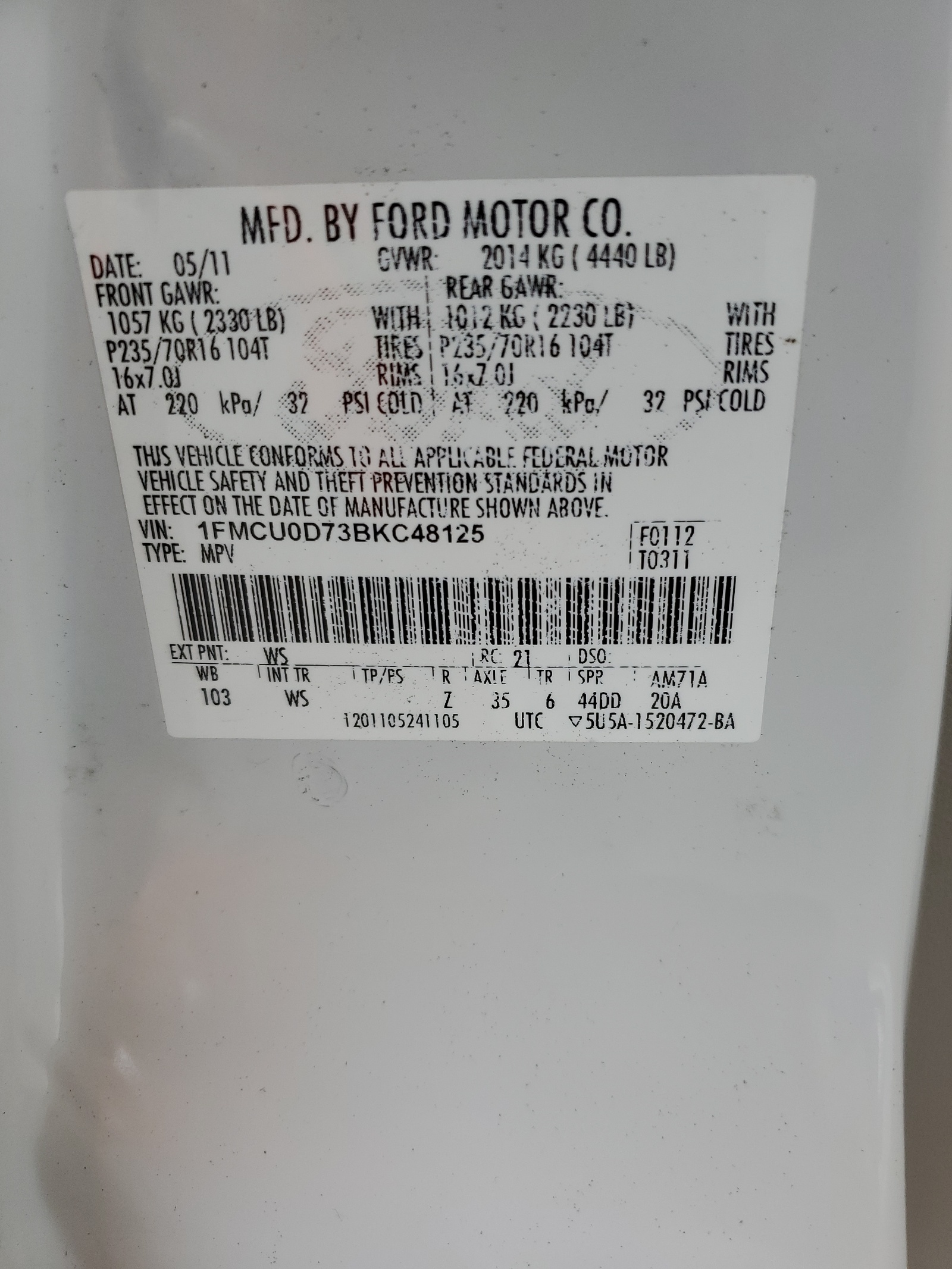 1FMCU0D73BKC48125 2011 Ford Escape Xlt