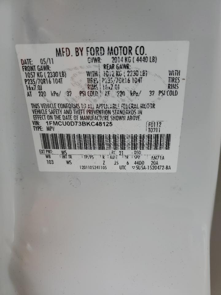 2011 Ford Escape Xlt VIN: 1FMCU0D73BKC48125 Lot: 64017114