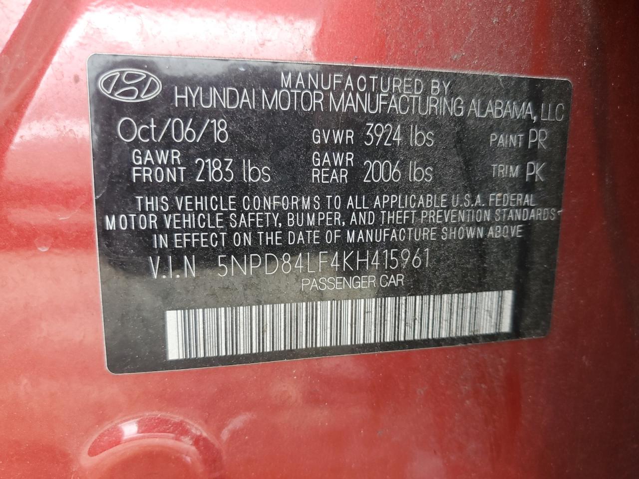 2019 Hyundai Elantra Sel VIN: 5NPD84LF4KH415961 Lot: 61399584