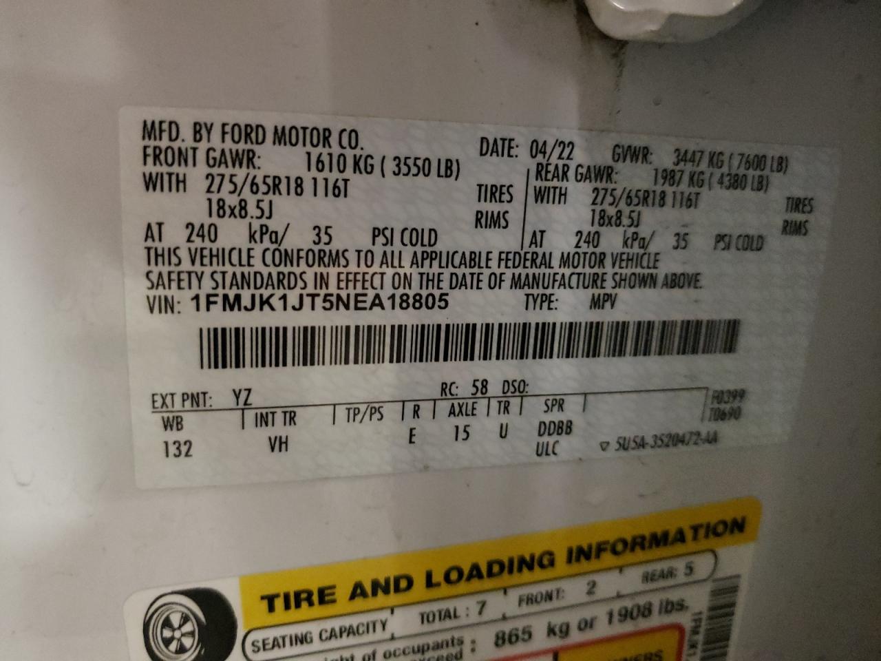 2022 Ford Expedition Max Xlt VIN: 1FMJK1JT5NEA18805 Lot: 63184644