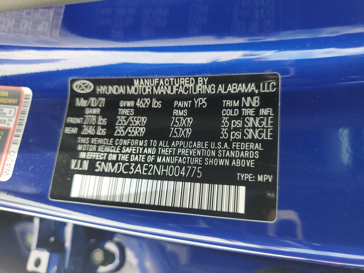 2022 Hyundai Tucson Sel VIN: 5NMJC3AE2NH004775 Lot: 62926354