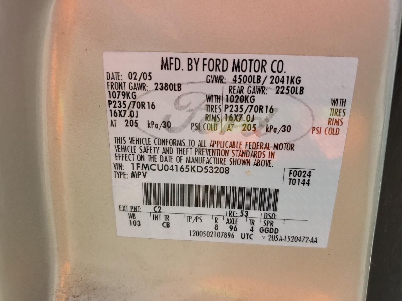 2005 Ford Escape Limited VIN: 1FMCU04165KD53208 Lot: 62406614