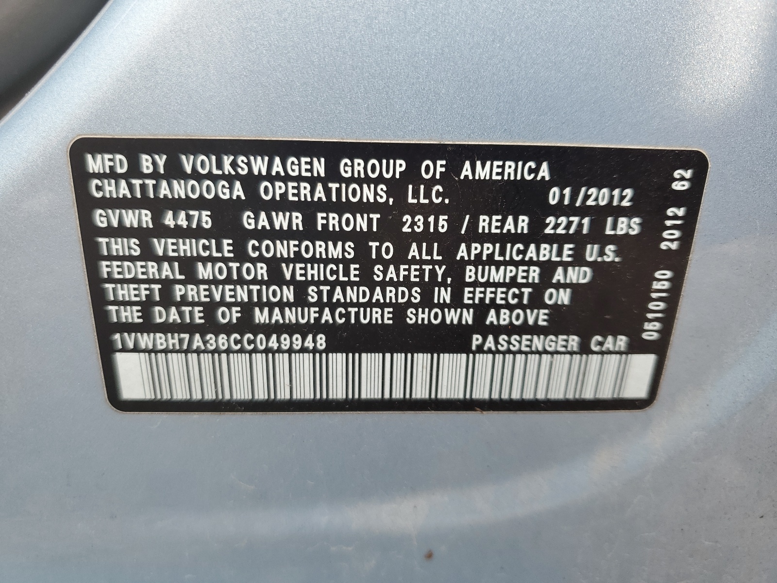 1VWBH7A36CC049948 2012 Volkswagen Passat Se