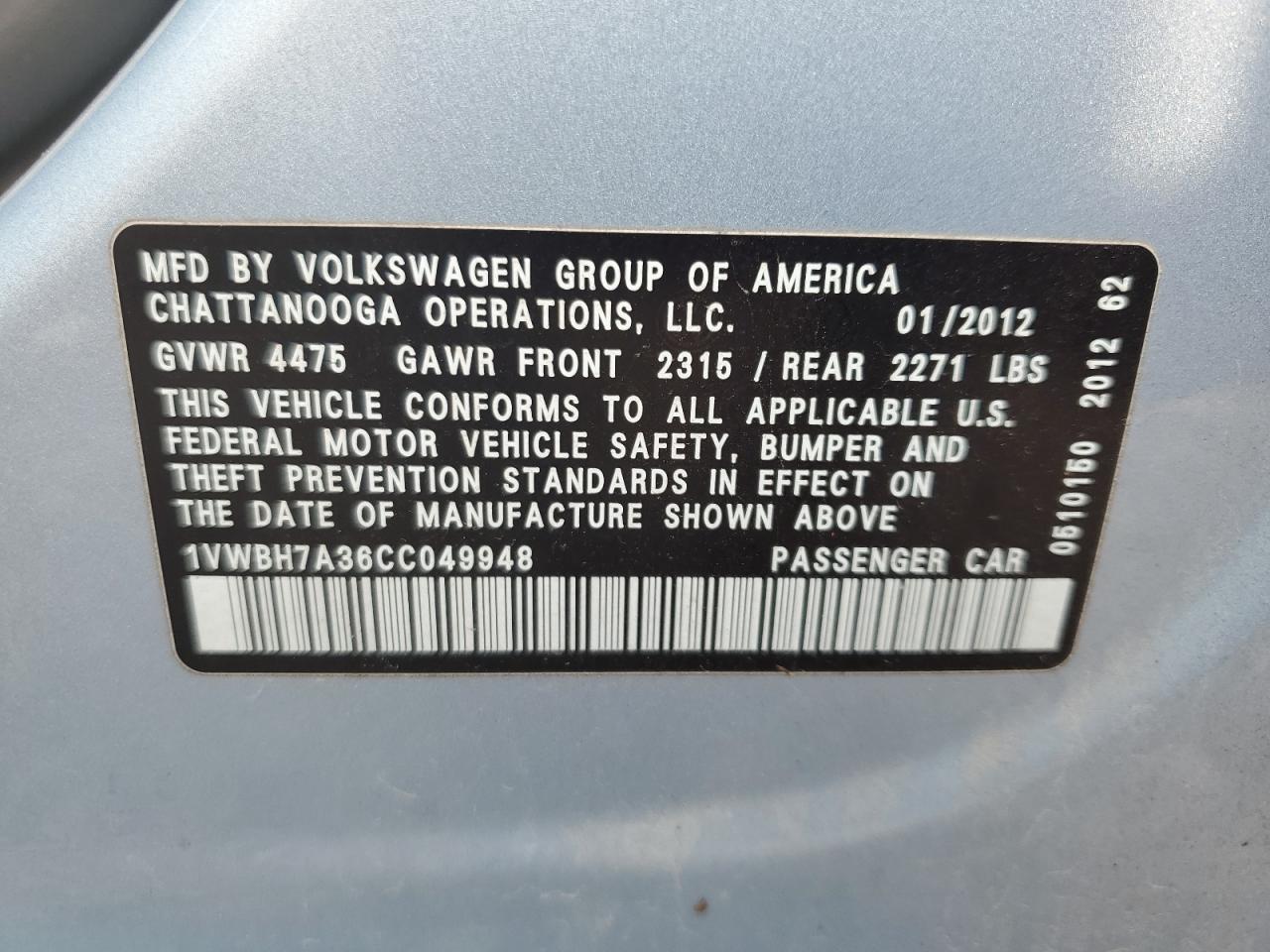 2012 Volkswagen Passat Se VIN: 1VWBH7A36CC049948 Lot: 60945804