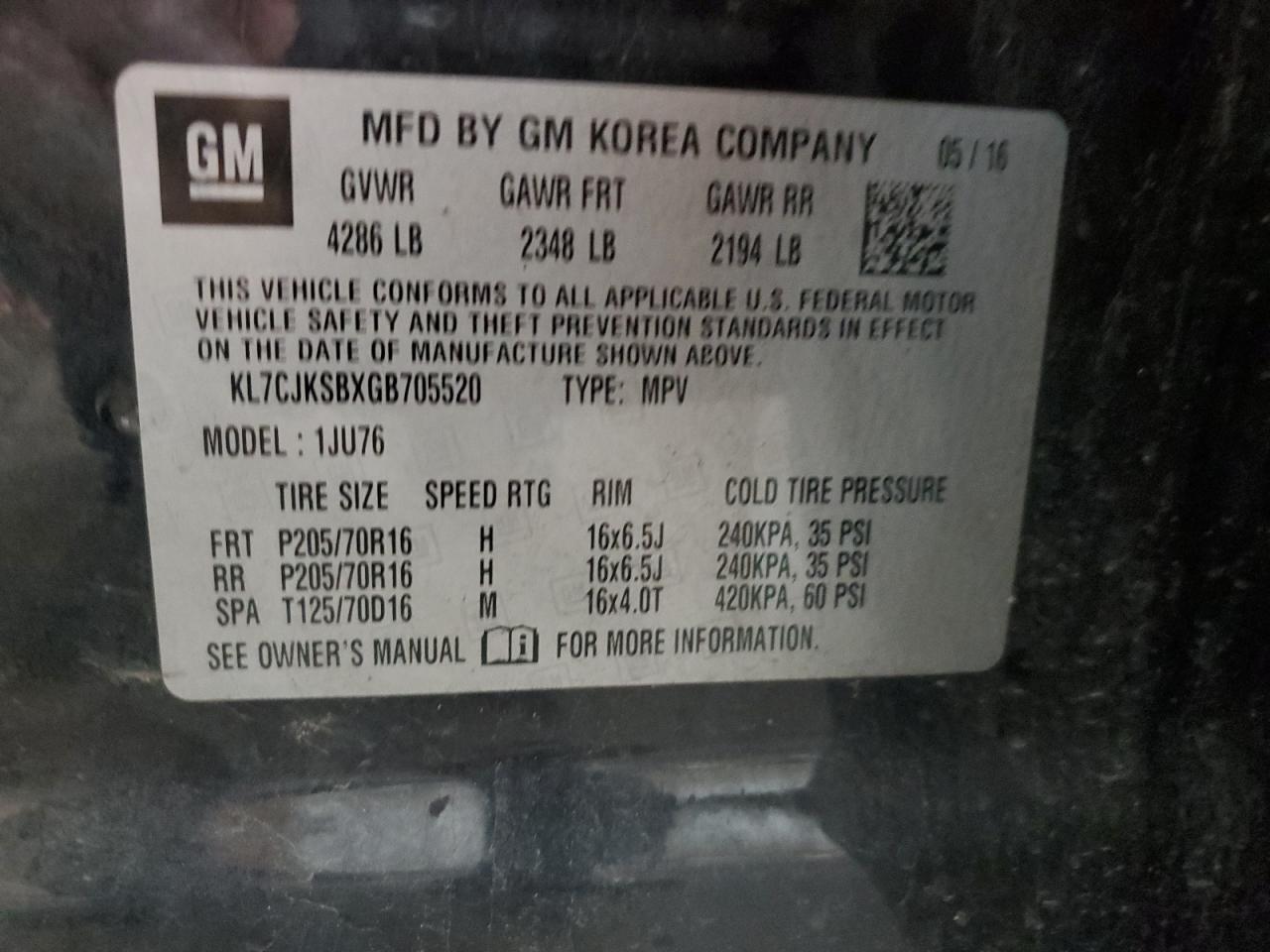 2016 Chevrolet Trax Ls VIN: KL7CJKSBXGB705520 Lot: 64689084