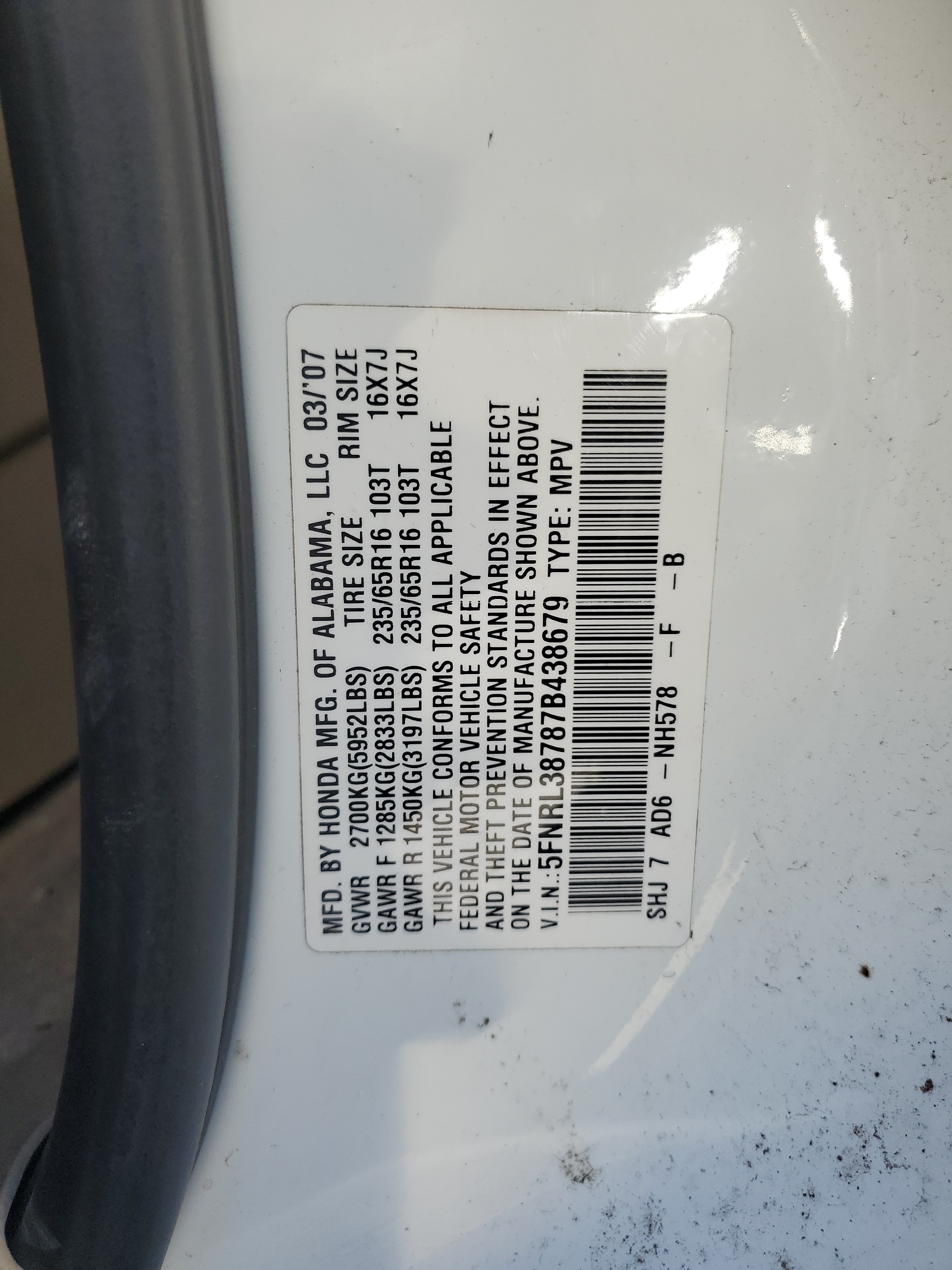 5FNRL38787B438679 2007 Honda Odyssey Exl