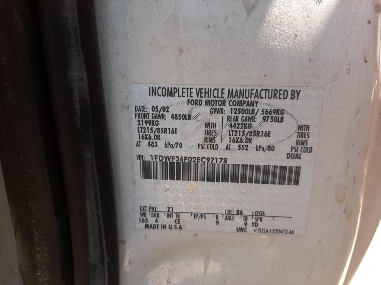 2002 Ford F350 Super Duty VIN: 1FDWF36F02EC97178 Lot: 64897274