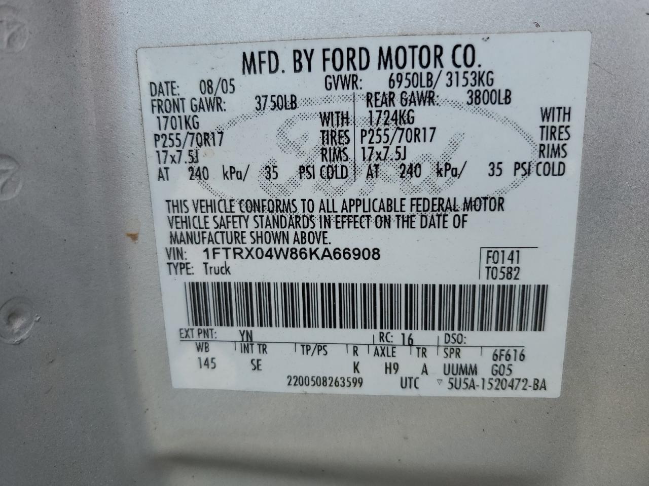 2006 Ford F150 VIN: 1FTRX04W86KA66908 Lot: 61654394