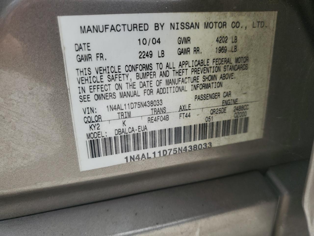 2005 Nissan Altima S VIN: 1N4AL11D75N438033 Lot: 61950614