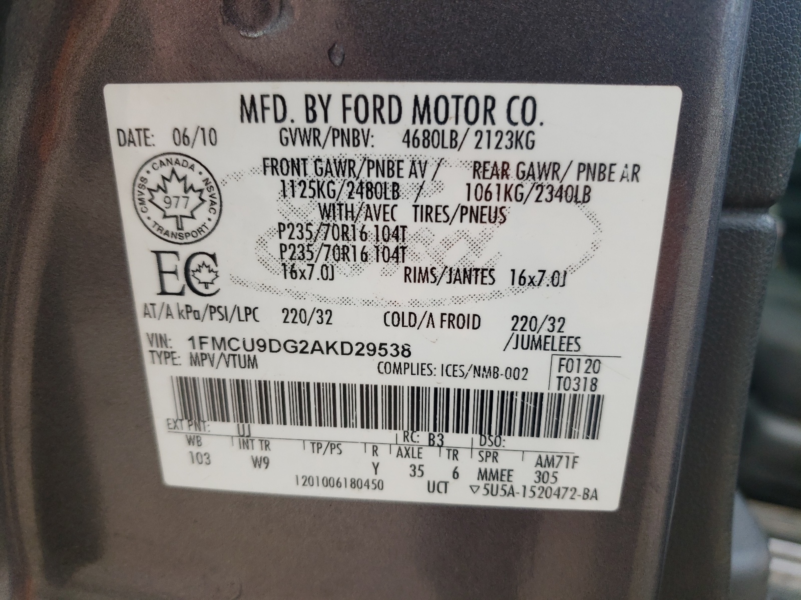 1FMCU9DG2AKD29538 2010 Ford Escape Xlt