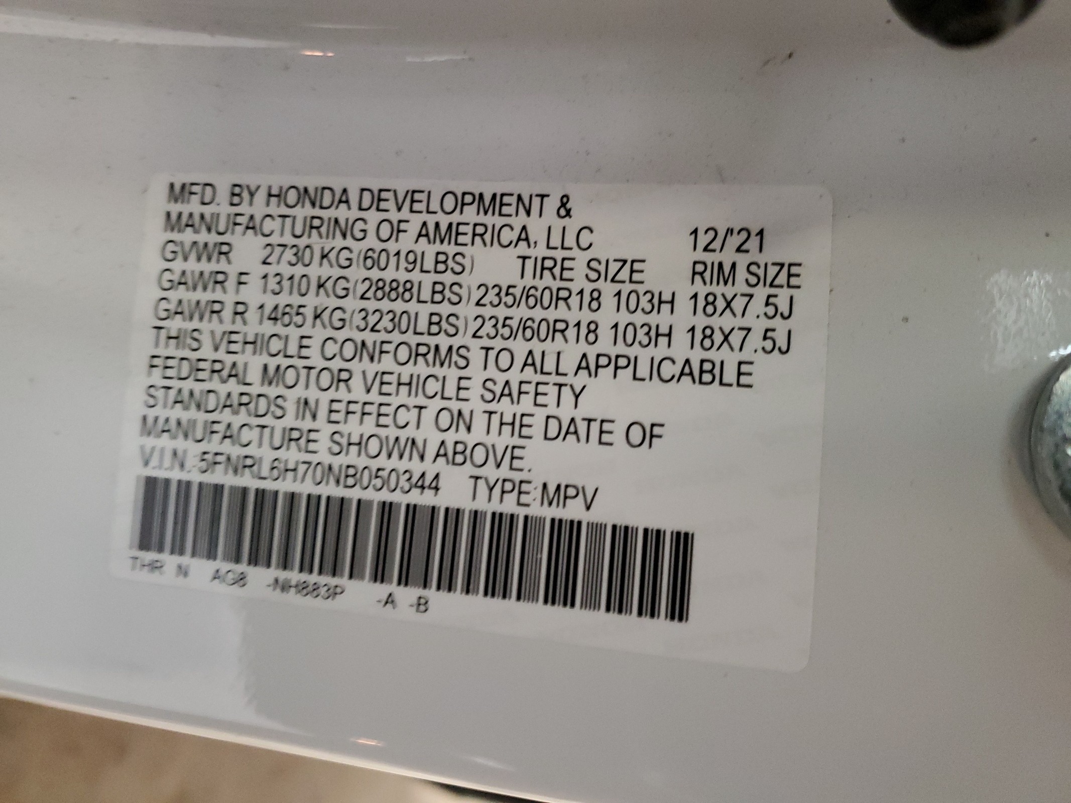 5FNRL6H70NB050344 2022 Honda Odyssey Exl