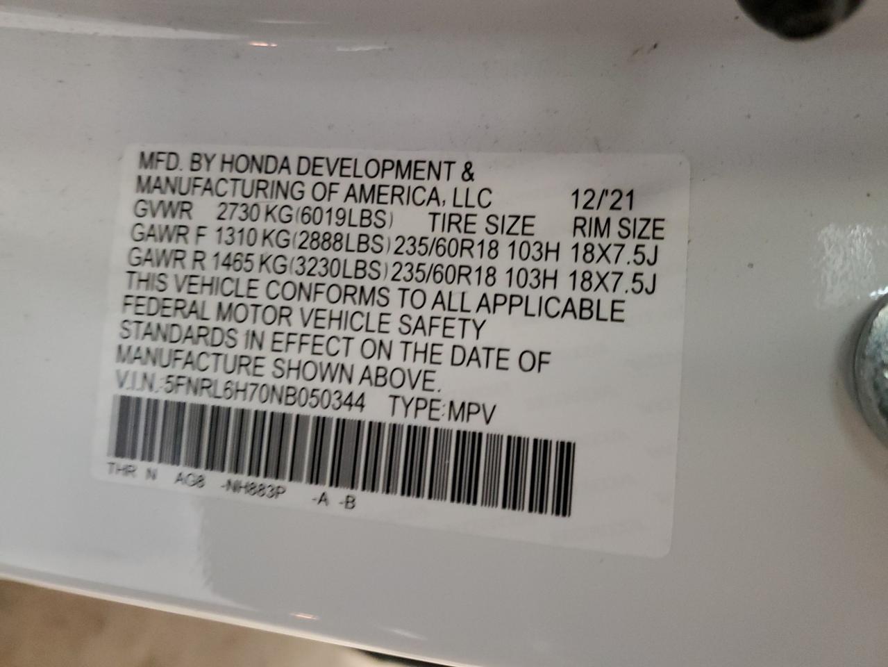 2022 Honda Odyssey Exl VIN: 5FNRL6H70NB050344 Lot: 65453674