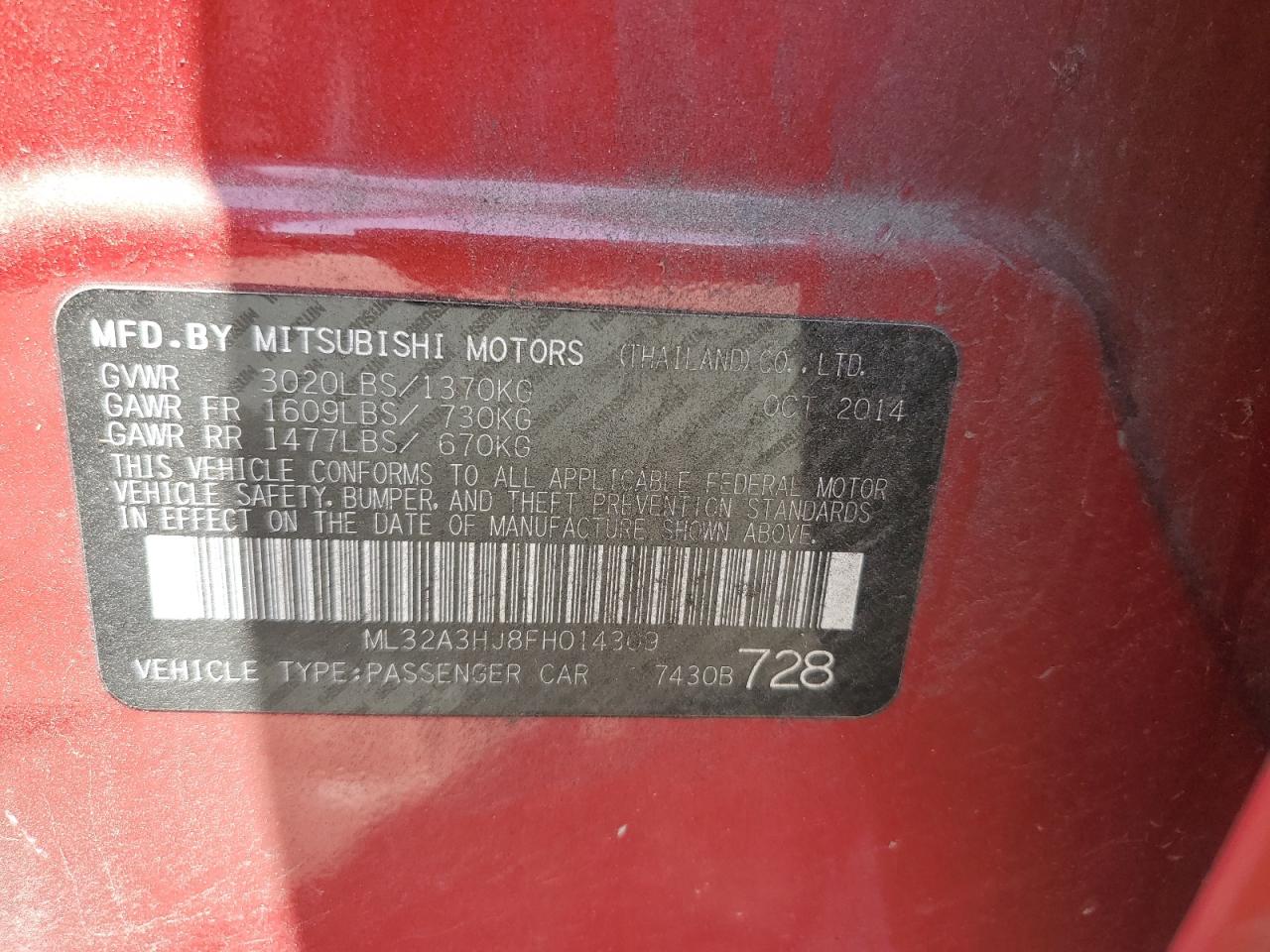 2015 Mitsubishi Mirage De VIN: ML32A3HJ8FH014309 Lot: 63271824